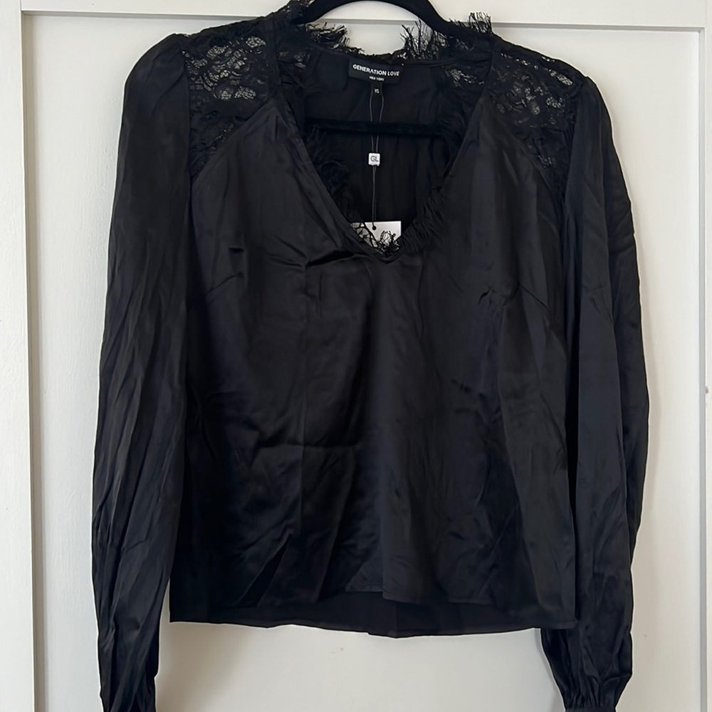 Generation Love Black Satin Lace Long Sleeve Blouse, Size XS NWT NEVER WORN